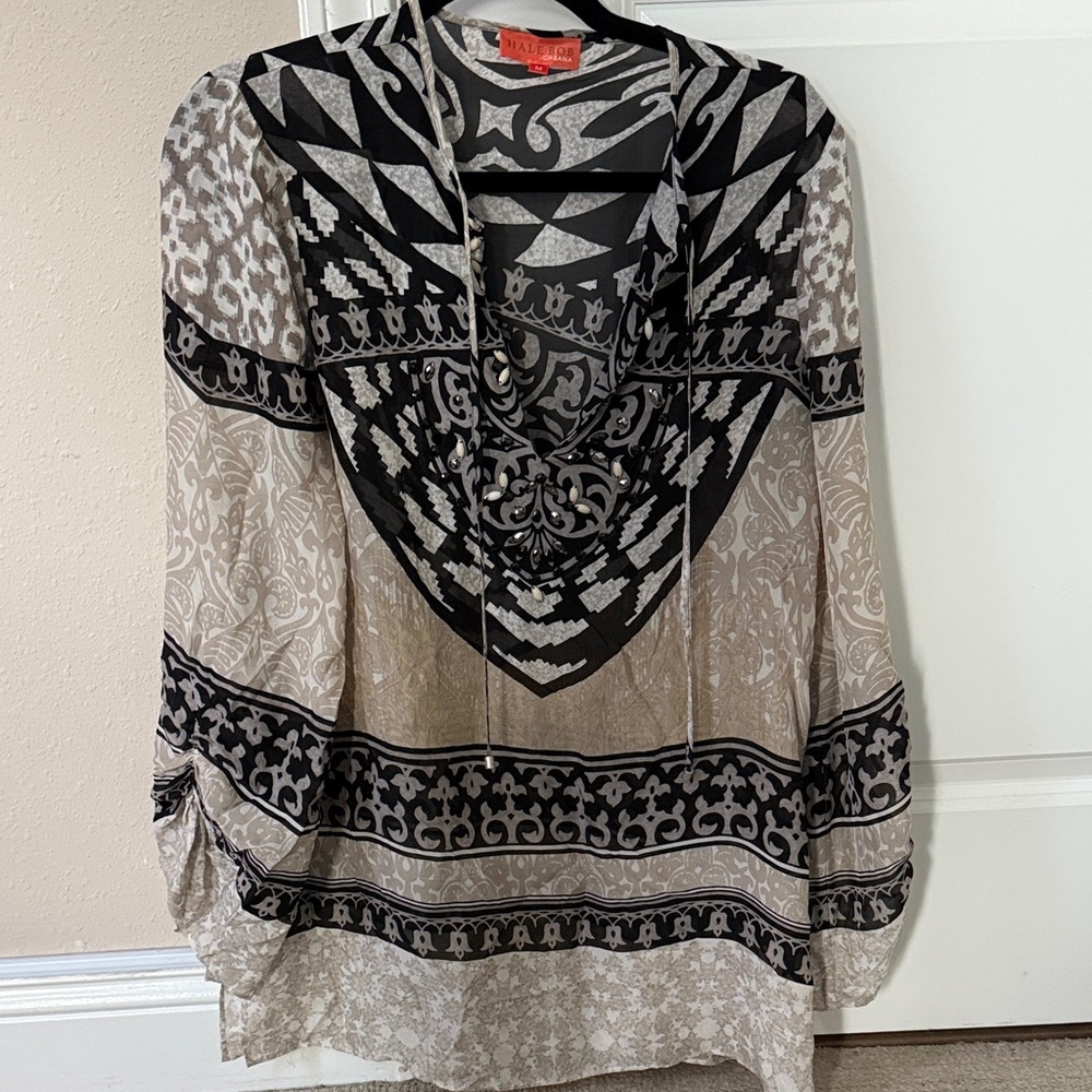 Hale Bob Black and Tan Patterned Blouse